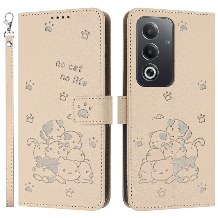 Leather Case for Oppo A80 5G / K12x 5G (India) / A3 Pro (Global) 5G / A3 Pro (India) 5G Cats Imprint Leather Wallet Phone Cover with Strap - Beige
