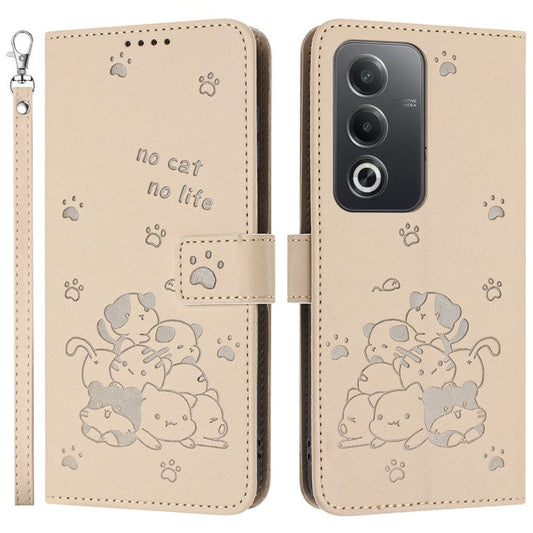 Leather Case for Oppo A80 5G / K12x 5G (India) / A3 Pro (Global) 5G / A3 Pro (India) 5G Cats Imprint Leather Wallet Phone Cover with Strap - Beige