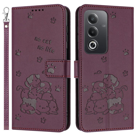 Leather Case for Oppo A80 5G / K12x 5G (India) / A3 Pro (Global) 5G / A3 Pro (India) 5G Cats Imprint Leather Wallet Phone Cover with Strap - Wine Red
