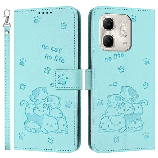 For Infinix Hot 50i 4G / Smart 9 4G Case with Strap Cats Imprint Leather Wallet Phone Cover - Green