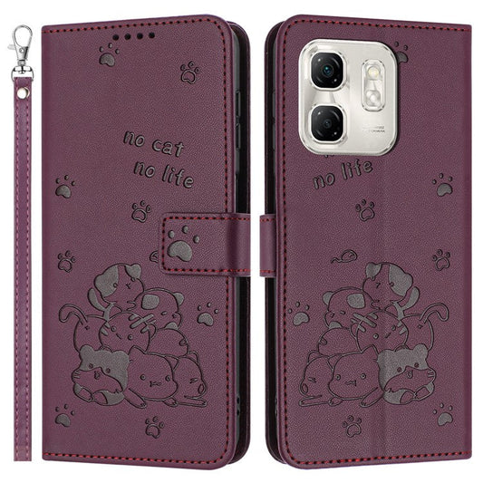 For Infinix Hot 50i 4G / Smart 9 4G Case with Strap Cats Imprint Leather Wallet Phone Cover - Wine Red