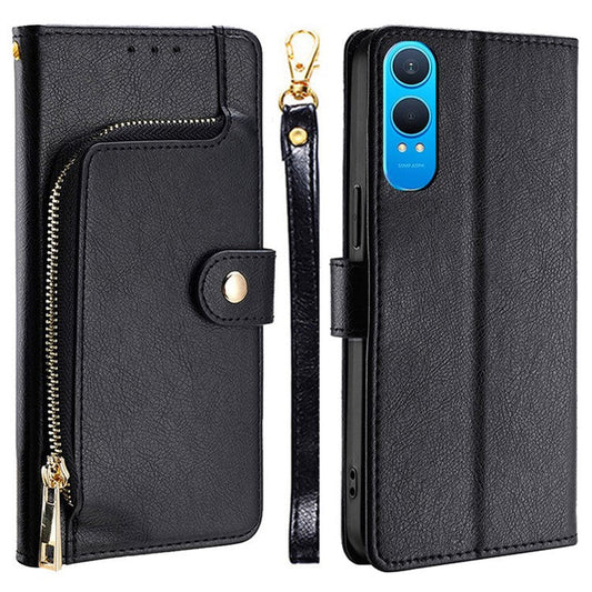 For OnePlus Nord CE4 Lite 5G / Oppo K12x 5G (China) Case Zipper Pocket PU Leather Wallet Flip Phone Cover - Black