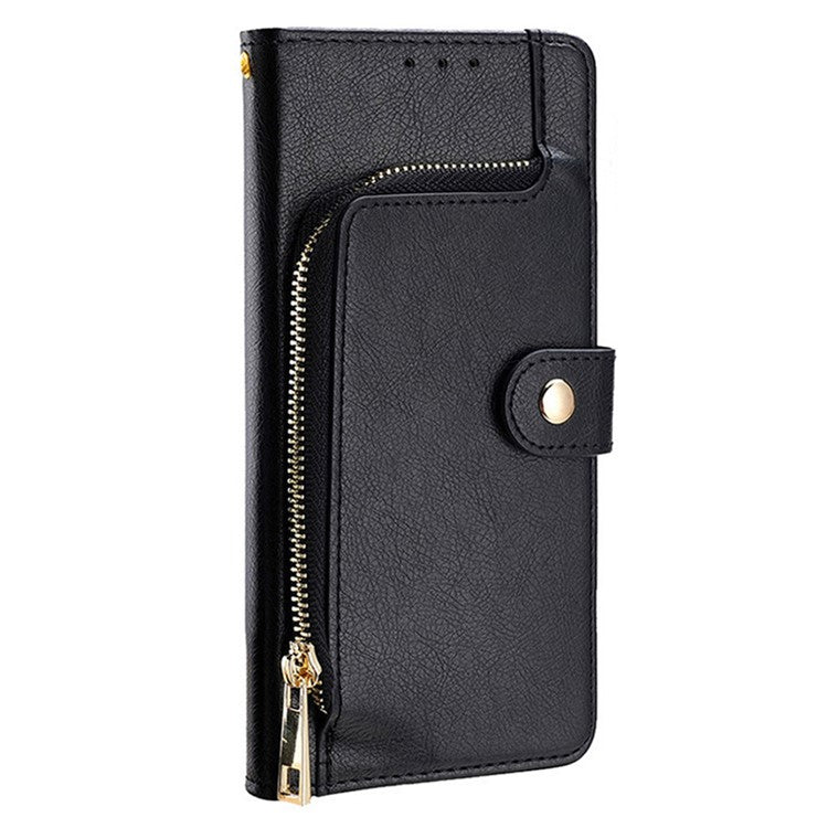 For OnePlus Nord CE4 Lite 5G / Oppo K12x 5G (China) Case Zipper Pocket PU Leather Wallet Flip Phone Cover - Black