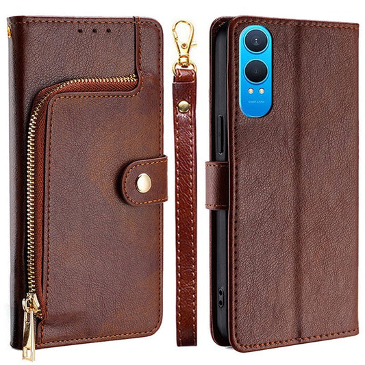 For OnePlus Nord CE4 Lite 5G / Oppo K12x 5G (China) Case Zipper Pocket PU Leather Wallet Flip Phone Cover - Brown