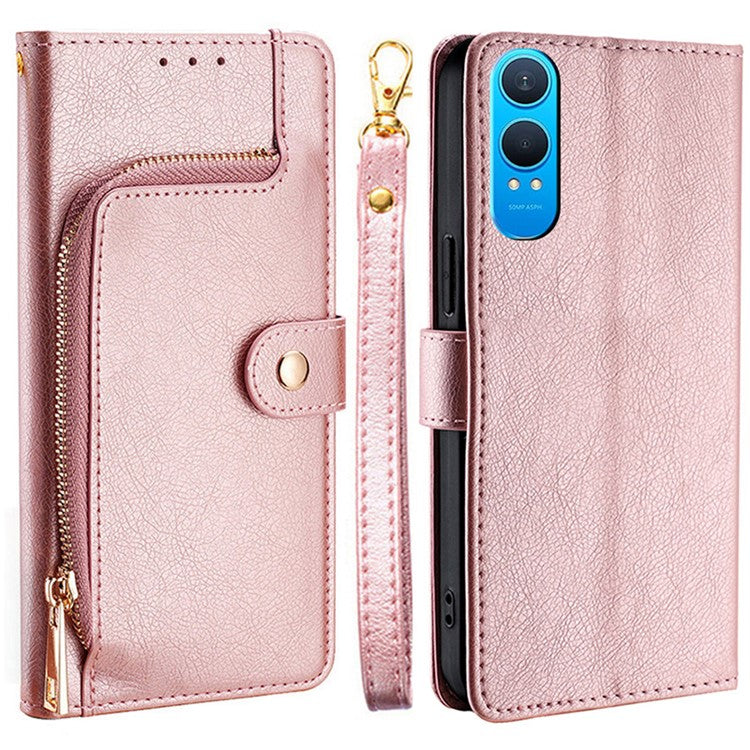 For OnePlus Nord CE4 Lite 5G / Oppo K12x 5G (China) Case Zipper Pocket PU Leather Wallet Flip Phone Cover - Rose Gold