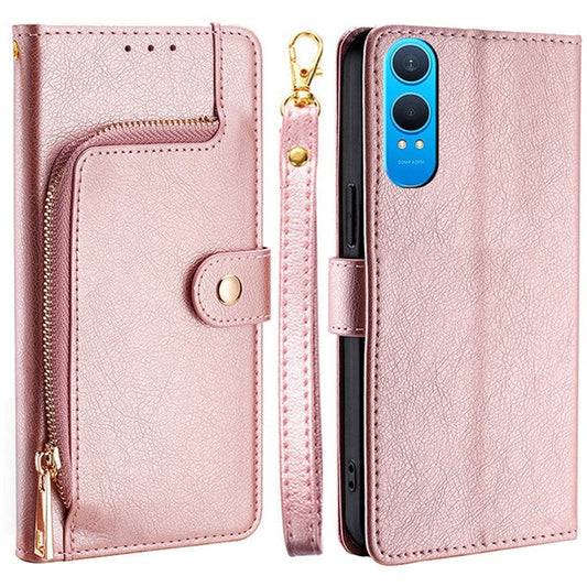 For OnePlus Nord CE4 Lite 5G / Oppo K12x 5G (China) Case Zipper Pocket PU Leather Wallet Flip Phone Cover - Rose Gold