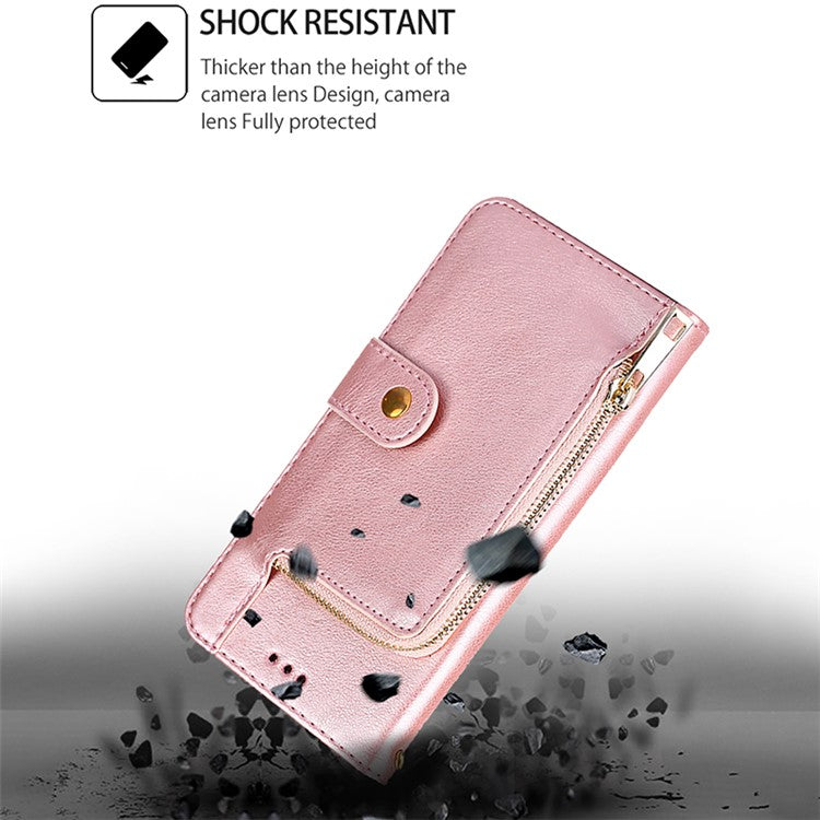 For OnePlus Nord CE4 Lite 5G / Oppo K12x 5G (China) Case Zipper Pocket PU Leather Wallet Flip Phone Cover - Rose Gold