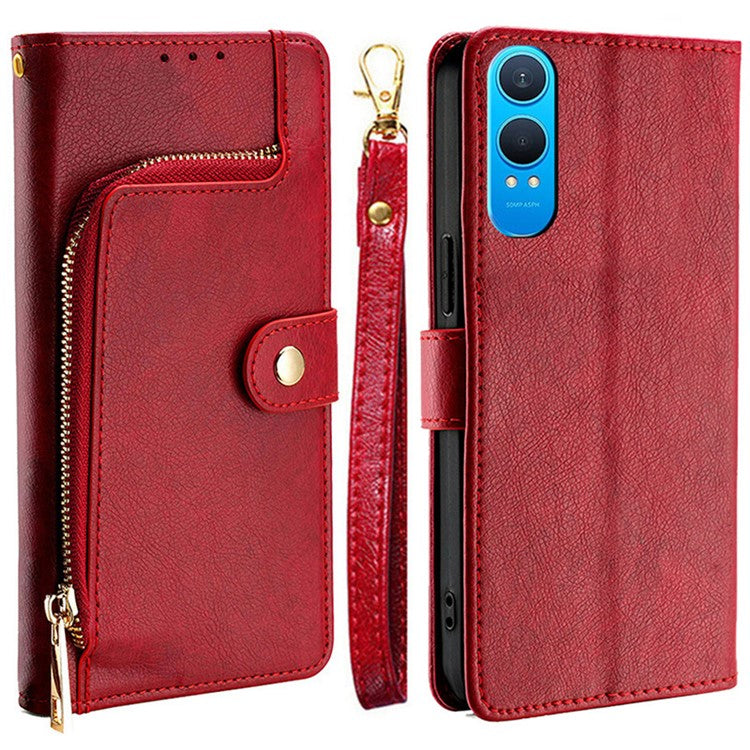 For OnePlus Nord CE4 Lite 5G / Oppo K12x 5G (China) Case Zipper Pocket PU Leather Wallet Flip Phone Cover - Red