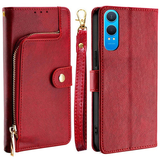 For OnePlus Nord CE4 Lite 5G / Oppo K12x 5G (China) Case Zipper Pocket PU Leather Wallet Flip Phone Cover - Red