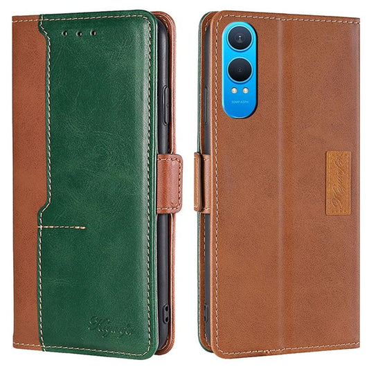 For OnePlus Nord CE4 Lite 5G / Oppo K12x 5G (China) Case Contrast Color Wallet Leather Phone Cover - Light Brown+Green