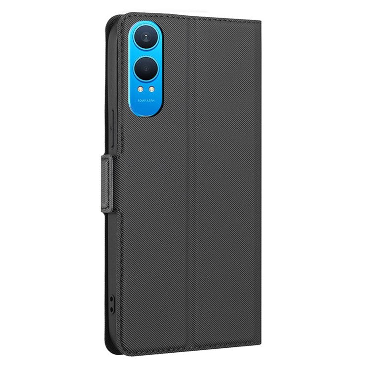 For OnePlus Nord CE4 Lite 5G / Oppo K12x 5G (China) Case Card Holder Twill Texture Leather Phone Cover - Black