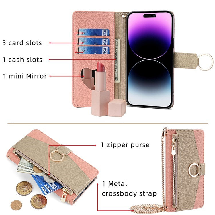 For OnePlus Nord CE4 Lite 5G / Oppo K12x 5G (China) Case Mirror Wallet Leather Phone Cover with Chain Shoulder Strap - Pink