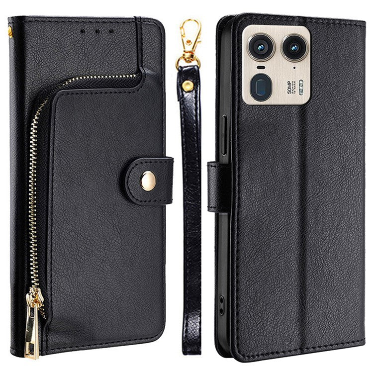 For Motorola Moto X50 Ultra 5G / Edge 50 Ultra 5G Case Zipper Pocket PU Leather Wallet Flip Phone Cover - Black