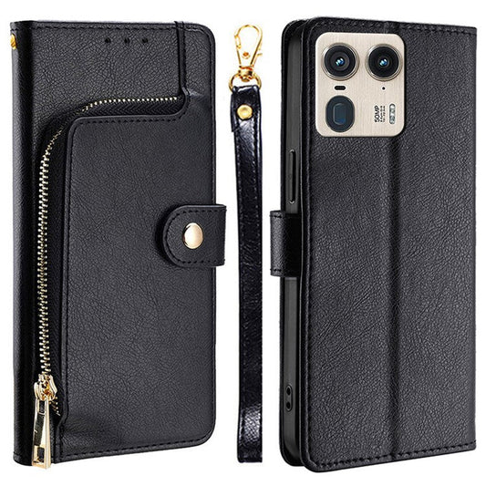 For Motorola Moto X50 Ultra 5G / Edge 50 Ultra 5G Case Zipper Pocket PU Leather Wallet Flip Phone Cover - Black