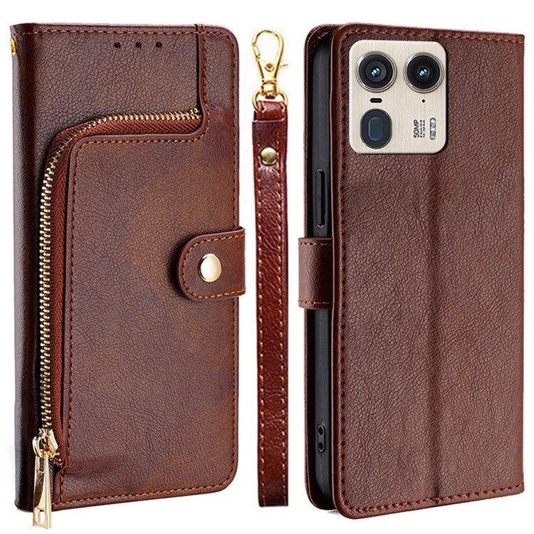 For Motorola Moto X50 Ultra 5G / Edge 50 Ultra 5G Case Zipper Pocket PU Leather Wallet Flip Phone Cover - Brown