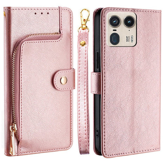 For Motorola Moto X50 Ultra 5G / Edge 50 Ultra 5G Case Zipper Pocket PU Leather Wallet Flip Phone Cover - Rose Gold