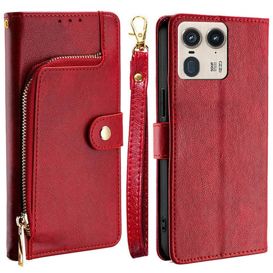 For Motorola Moto X50 Ultra 5G / Edge 50 Ultra 5G Case Zipper Pocket PU Leather Wallet Flip Phone Cover - Red