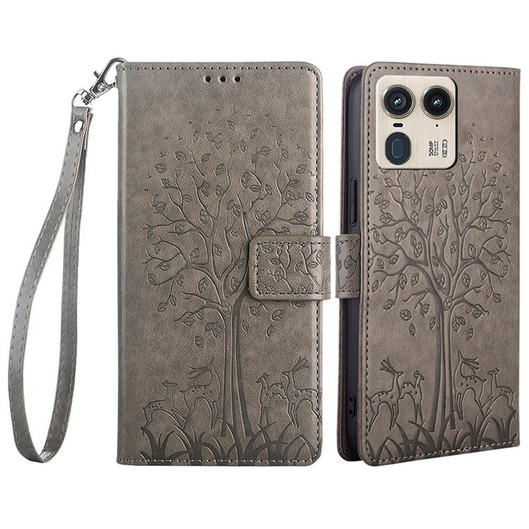 For Motorola Moto X50 Ultra 5G / Edge 50 Ultra 5G Case PU Leather Wallet Phone Cover Tree Deer Imprinted - Grey