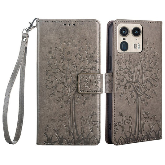 For Motorola Moto X50 Ultra 5G / Edge 50 Ultra 5G Case PU Leather Wallet Phone Cover Tree Deer Imprinted - Grey