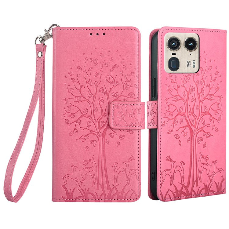 For Motorola Moto X50 Ultra 5G / Edge 50 Ultra 5G Case PU Leather Wallet Phone Cover Tree Deer Imprinted - Pink