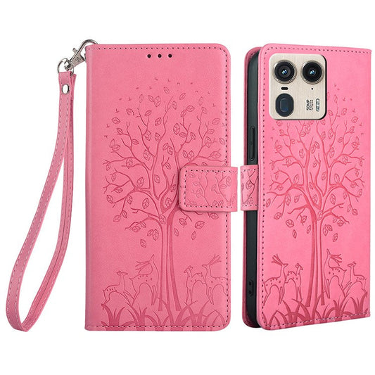 For Motorola Moto X50 Ultra 5G / Edge 50 Ultra 5G Case PU Leather Wallet Phone Cover Tree Deer Imprinted - Pink