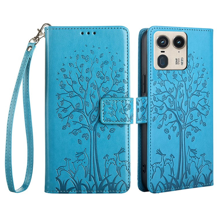 For Motorola Moto X50 Ultra 5G / Edge 50 Ultra 5G Case PU Leather Wallet Phone Cover Tree Deer Imprinted - Blue