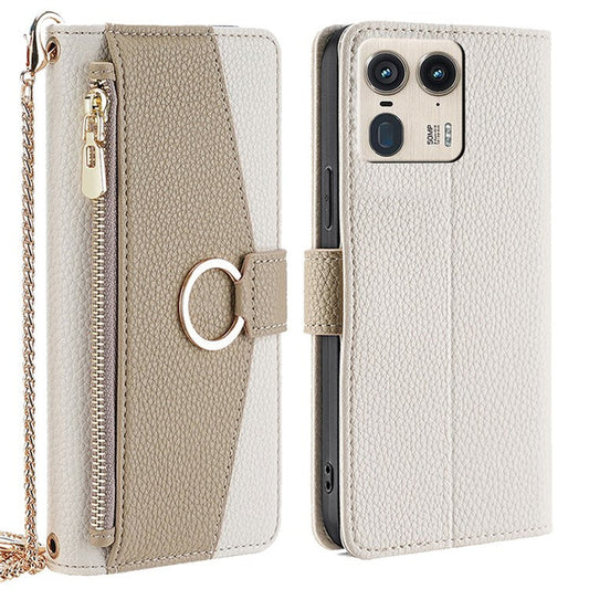 For Motorola Moto X50 Ultra 5G / Edge 50 Ultra 5G Case Mirror Wallet Leather Phone Cover with Chain Shoulder Strap - White