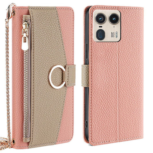 For Motorola Moto X50 Ultra 5G / Edge 50 Ultra 5G Case Mirror Wallet Leather Phone Cover with Chain Shoulder Strap - Pink