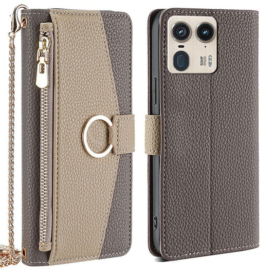 For Motorola Moto X50 Ultra 5G / Edge 50 Ultra 5G Case Mirror Wallet Leather Phone Cover with Chain Shoulder Strap - Grey