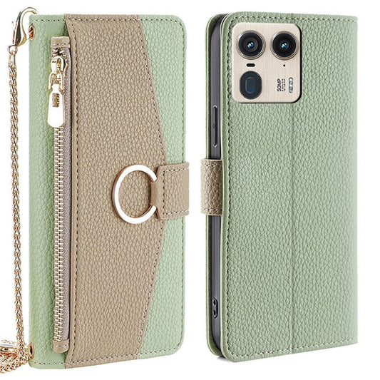 For Motorola Moto X50 Ultra 5G / Edge 50 Ultra 5G Case Mirror Wallet Leather Phone Cover with Chain Shoulder Strap - Green