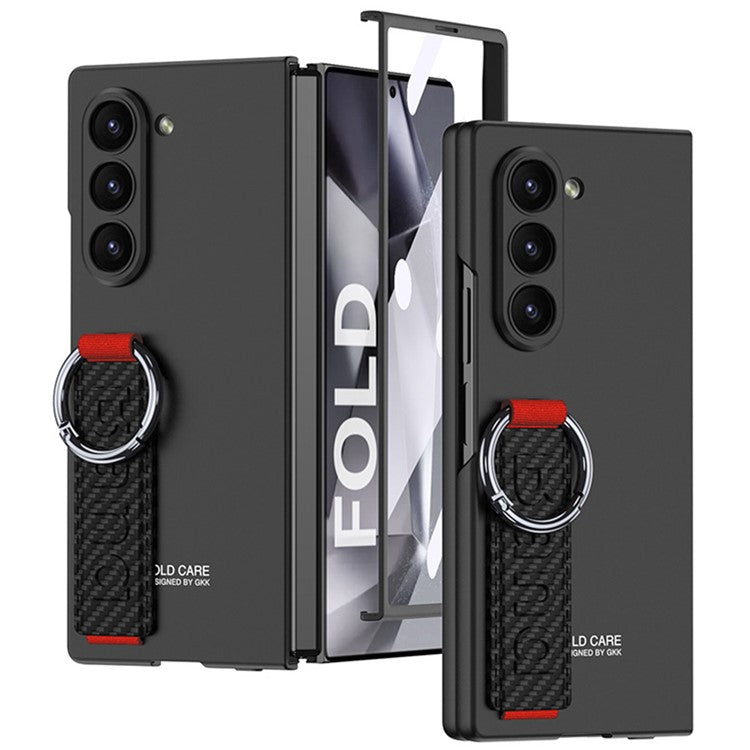 GKK For Samsung Galaxy Z Fold5 5G Case Tempered Glass Screen Film+Hard PC Phone Cover with Ring Holder, Finger Strap - Carbon Fiber Texture