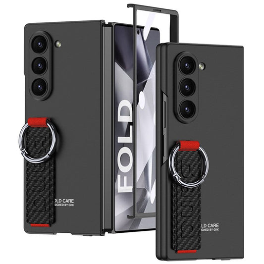 GKK For Samsung Galaxy Z Fold5 5G Case Tempered Glass Screen Film+Hard PC Phone Cover with Ring Holder, Finger Strap - Carbon Fiber Texture