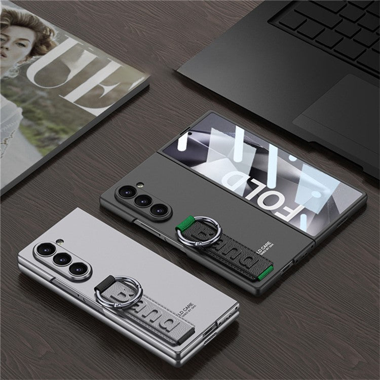 GKK For Samsung Galaxy Z Fold5 5G Case Tempered Glass Screen Film+Hard PC Phone Cover with Ring Holder, Finger Strap - Carbon Fiber Texture