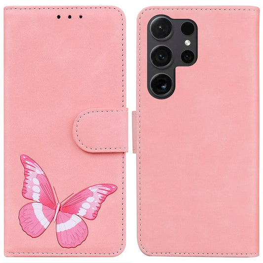 For Samsung Galaxy S25 Ultra Stand Case PU Leather Phone Cover Butterfly Printed - Pink