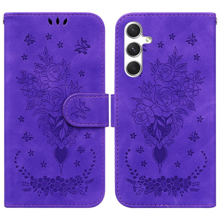 For Samsung Galaxy S25 Case PU Leather Wallet Phone Cover Butterfly Flower Imprint - Purple