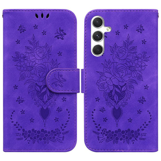 For Samsung Galaxy S25 Case PU Leather Wallet Phone Cover Butterfly Flower Imprint - Purple