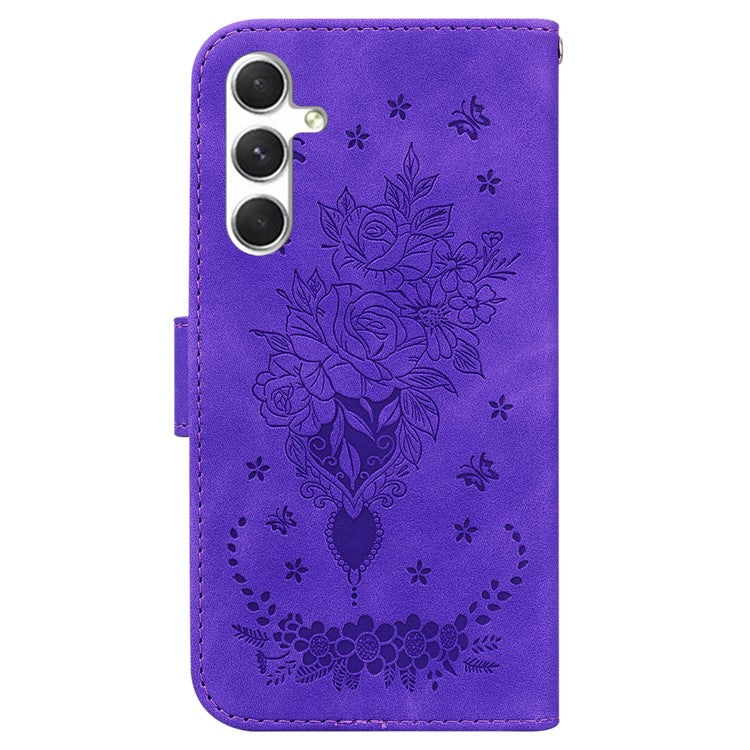 For Samsung Galaxy S25 Case PU Leather Wallet Phone Cover Butterfly Flower Imprint - Purple