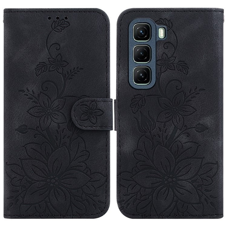 For Infinix Hot 50 5G Case Lily Flower Imprint Leather Phone Cover with Stand - Black