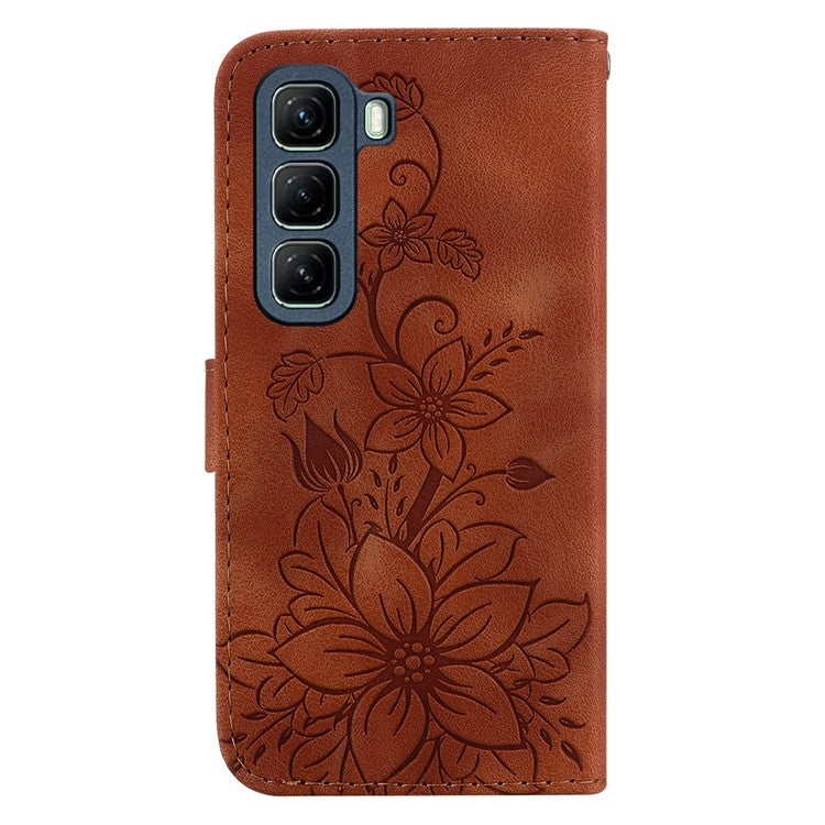 For Infinix Hot 50 5G Case Lily Flower Imprint Leather Phone Cover with Stand - Brown