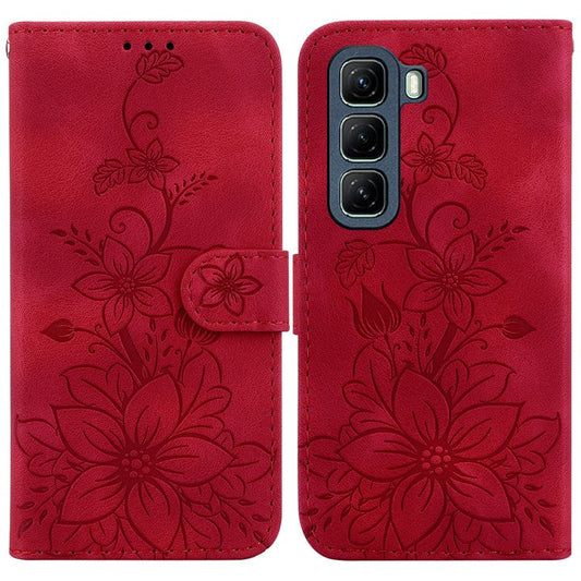 For Infinix Hot 50 5G Case Lily Flower Imprint Leather Phone Cover with Stand - Red