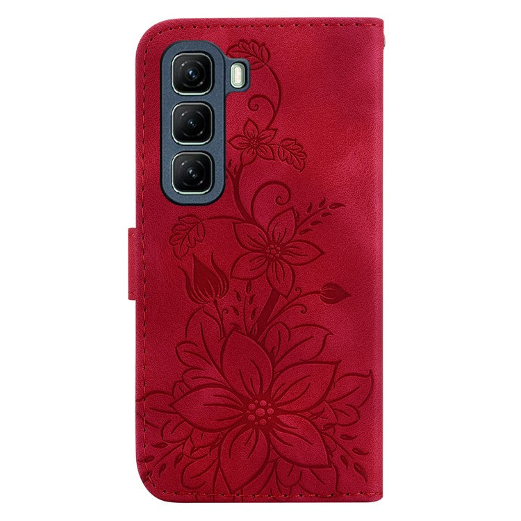 For Infinix Hot 50 5G Case Lily Flower Imprint Leather Phone Cover with Stand - Red