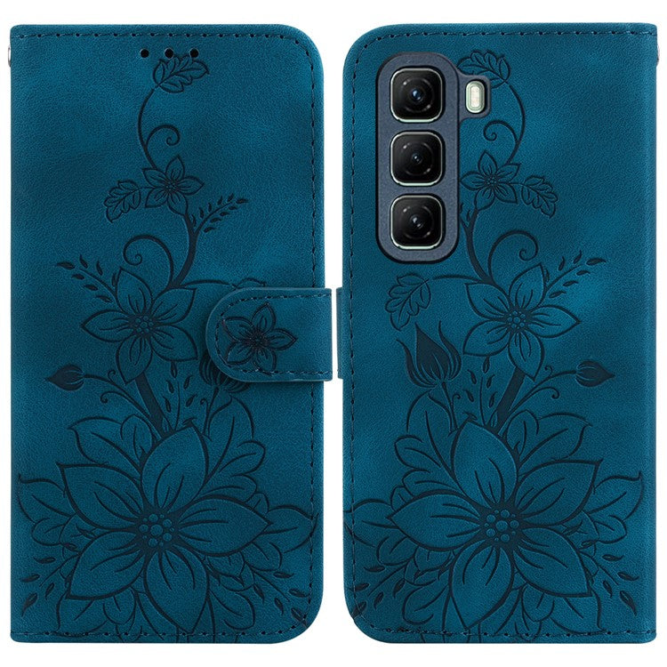 For Infinix Hot 50 4G Case Lily Flower Imprint Leather Phone Cover with Stand - Dark Blue