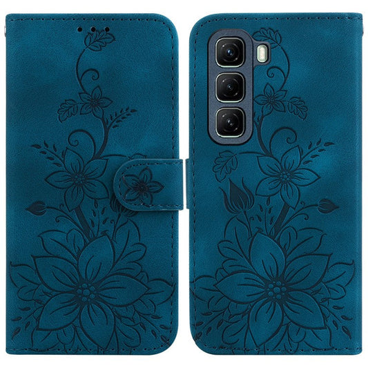 For Infinix Hot 50 4G Case Lily Flower Imprint Leather Phone Cover with Stand - Dark Blue