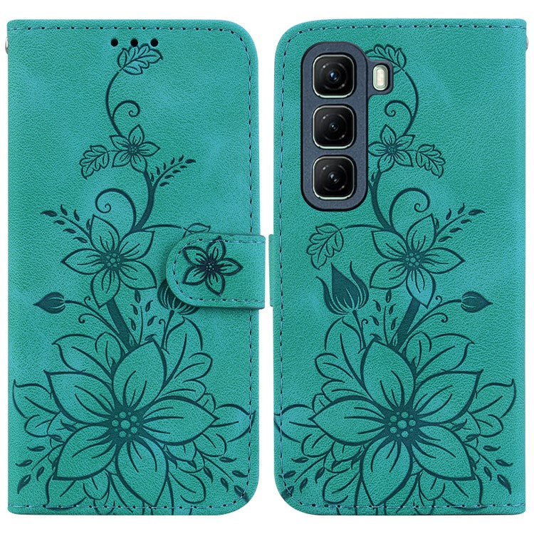 For Infinix Hot 50 4G Case Lily Flower Imprint Leather Phone Cover with Stand - Green