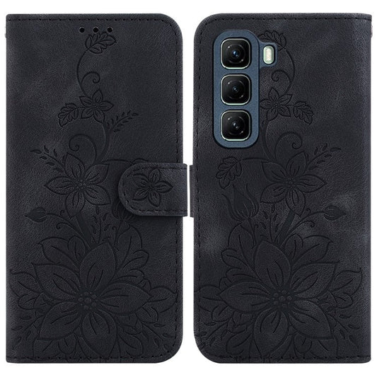 For Infinix Hot 50 4G Case Lily Flower Imprint Leather Phone Cover with Stand - Black