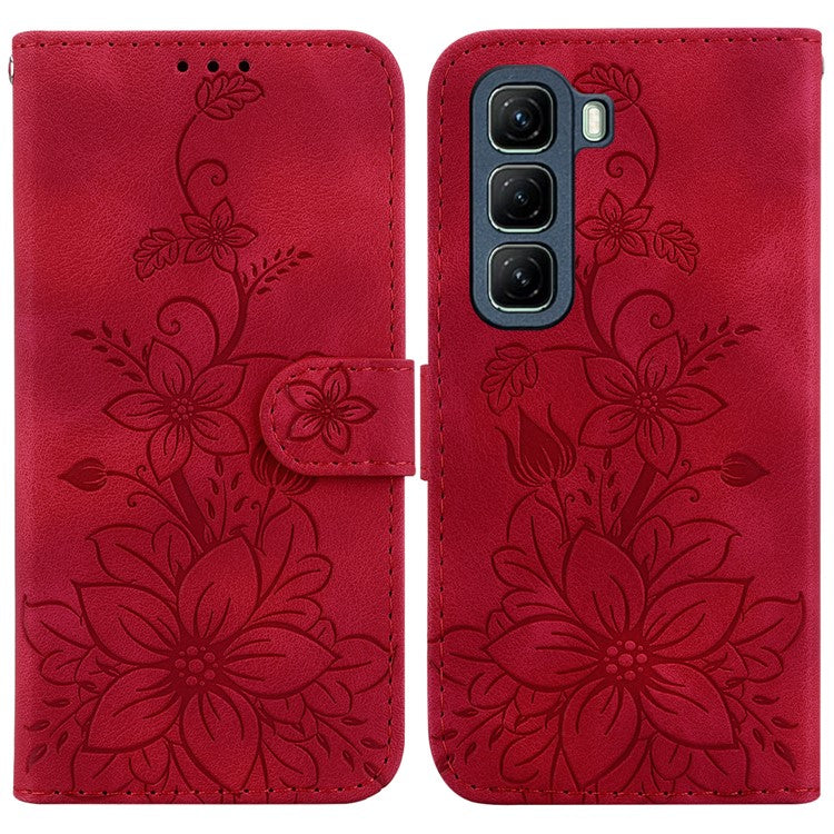 For Infinix Hot 50 4G Case Lily Flower Imprint Leather Phone Cover with Stand - Red