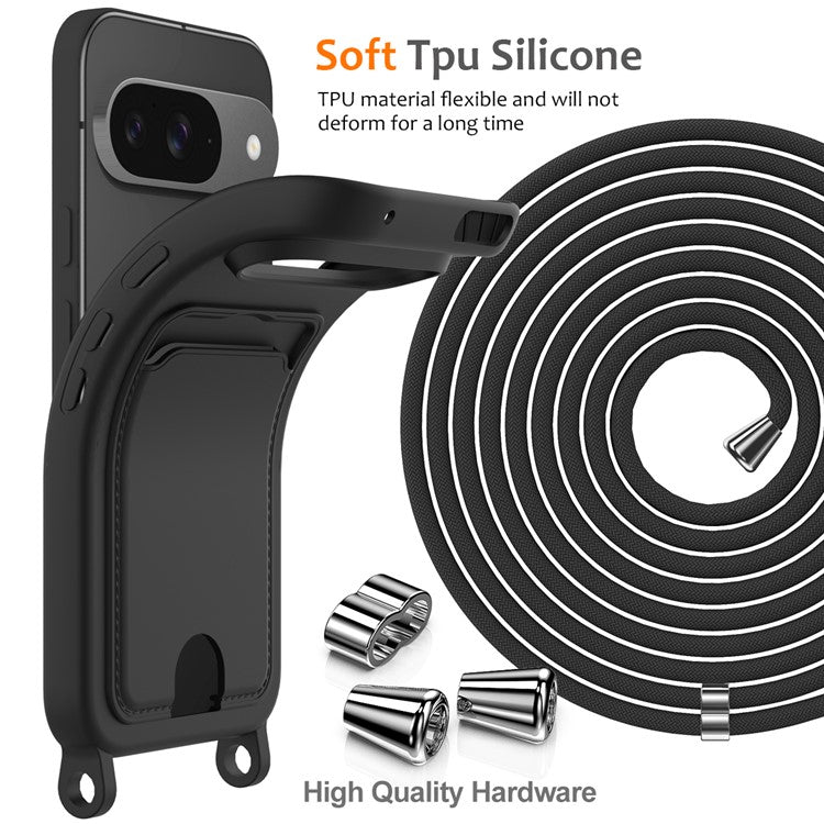For Google Pixel 9 Case Liquid Silicone Card Holder Phone Back Cover with Lanyard - Black