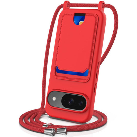 For Google Pixel 9 Case Liquid Silicone Card Holder Phone Back Cover with Lanyard - Red