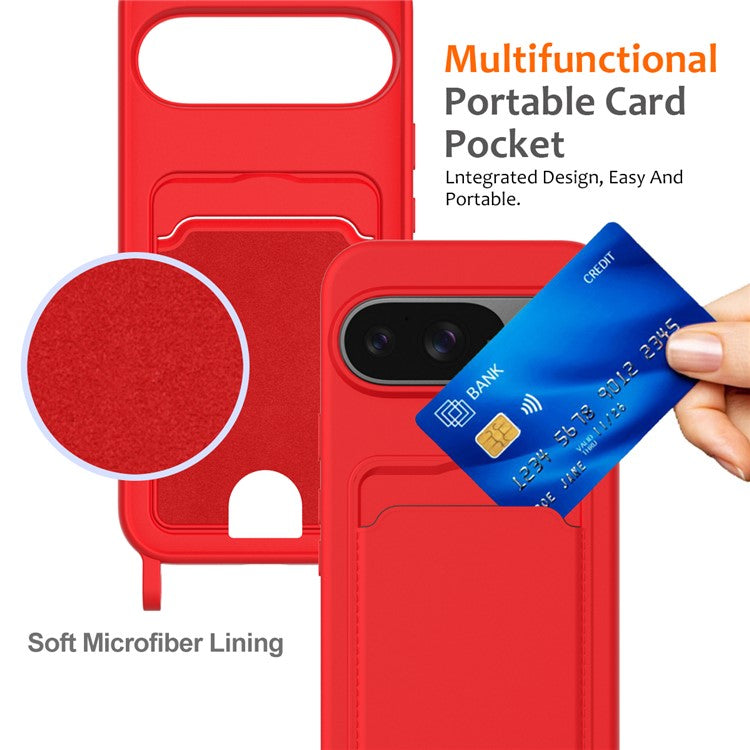 For Google Pixel 9 Case Liquid Silicone Card Holder Phone Back Cover with Lanyard - Red