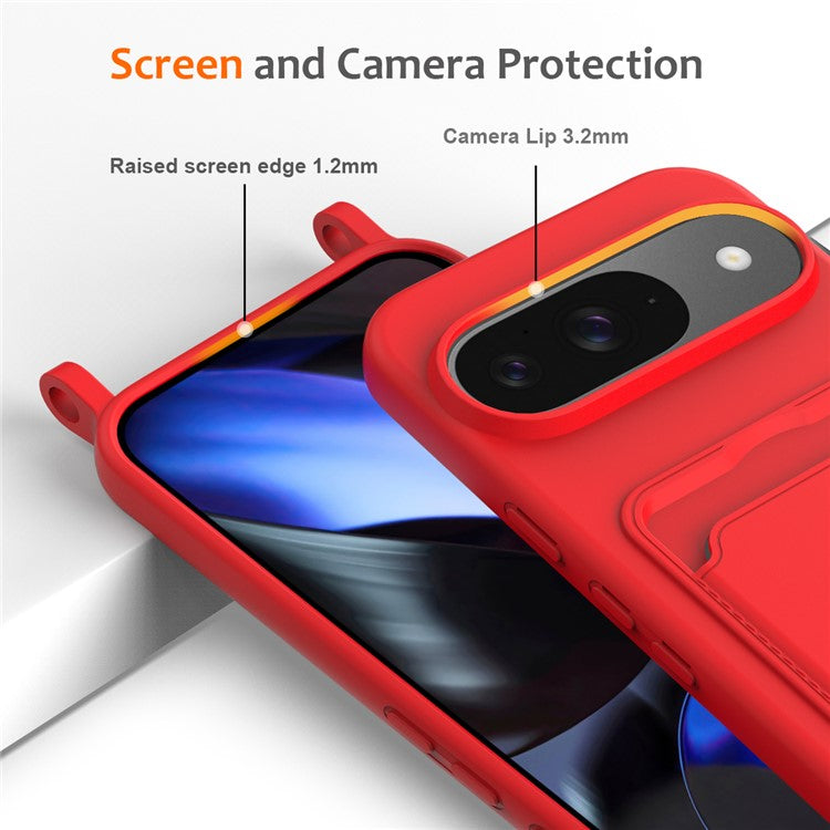 For Google Pixel 9 Case Liquid Silicone Card Holder Phone Back Cover with Lanyard - Red